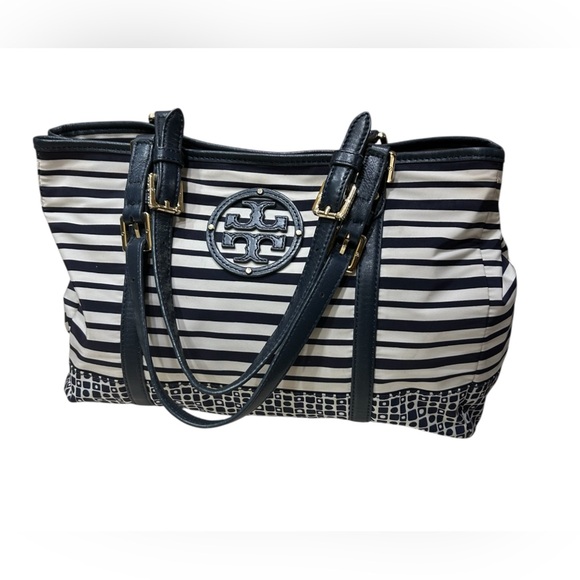 Tory Burch Navy Nylon and Leather  Striped Tote-Preowned - Picture 1 of 11